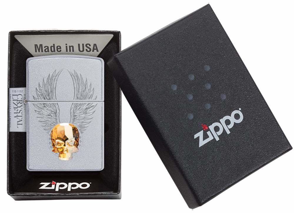 Zippo Gold Skull 3-D Crystal Emblem, Satin Chrome Finish, Genuine Lighter #49034