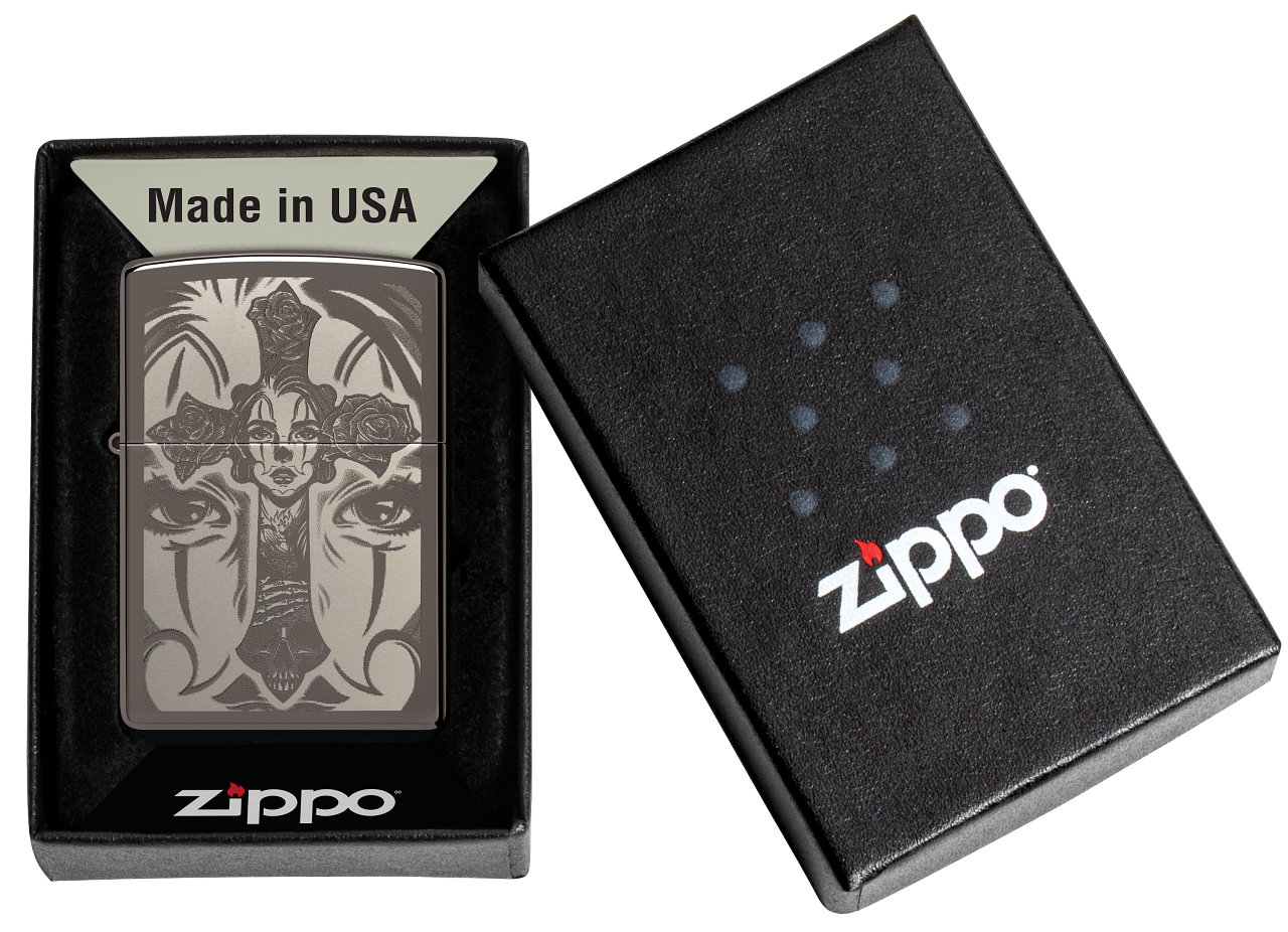 Zippo Spiritual Cross Girl Tattoo, Black Ice Lighter #48411