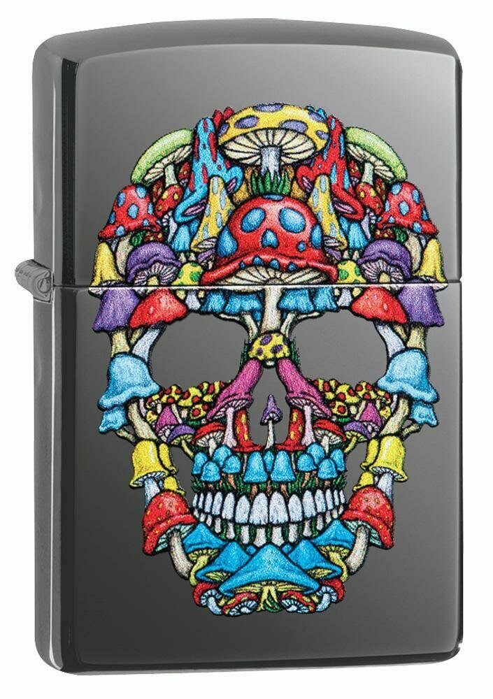 Zippo Psychedelic Skull Mushroom, Black Ice Finish Genuine Pocket Lighter #49135