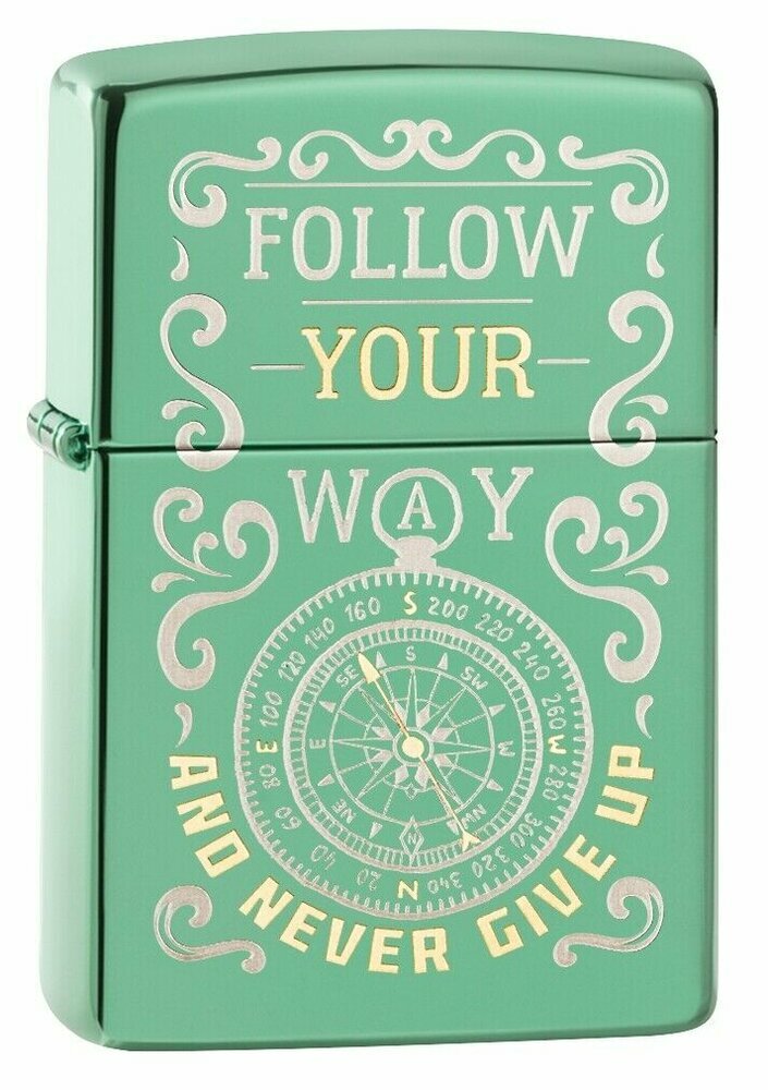 Zippo Follow Your Way Never Give Up Compass, High Polish Green Lighter #49161