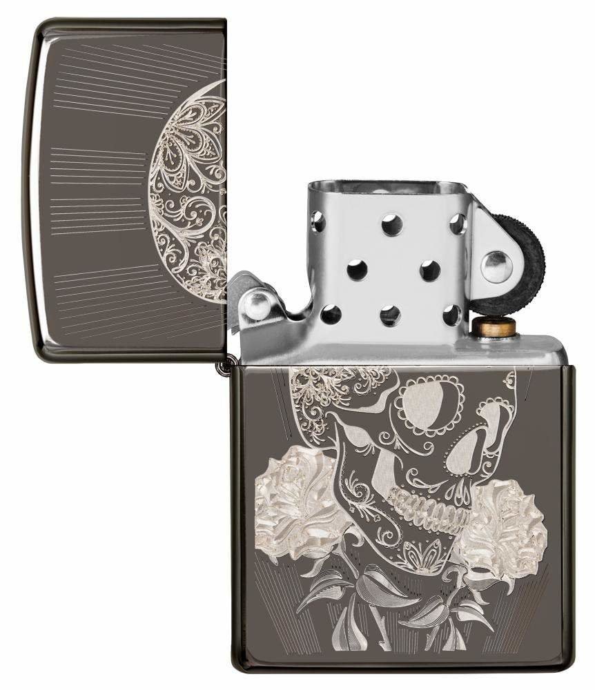 Zippo Fancy Skull, Laser Engraved Skull with Flowers, Windproof Lighter #29883