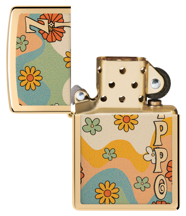 Zippo Retro Flower Power Design, High Polish Brass Lighter #48503