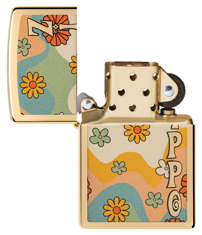 Zippo Retro Flower Power Design, High Polish Brass Lighter #48503