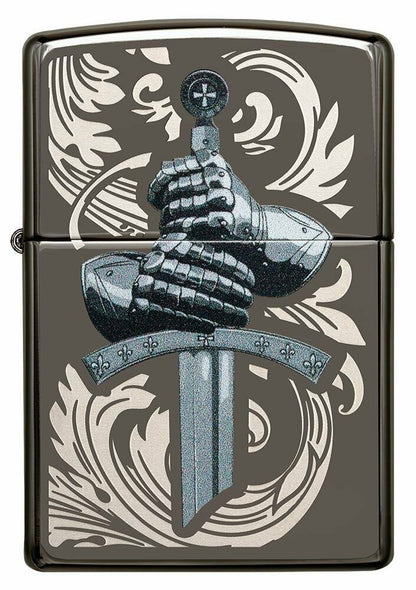 Zippo Medieval Knights Glove and Sword, Black Ice Finish Pocket Lighter #49127