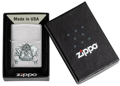 Zippo Card Skull Casino Gambling 3D Emblem, Brushed Chrome Finish Lighter #49293