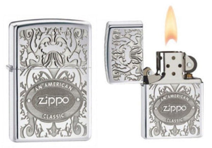 Zippo Logo Crown Stamp Classy Elegant Filigree, Genuine Windproof Lighter #24751