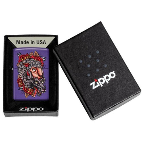 Zippo Wolf and Sheep Design, Purple Matte Finish, Windproof Lighter #49413