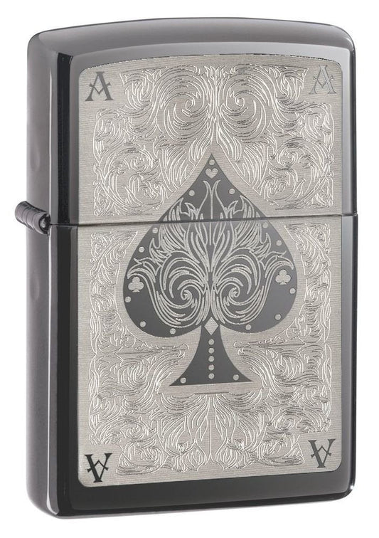 Zippo Ace Filigree Lighter, Spades, Black Ice Finish, Windproof #28323