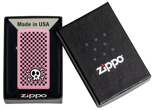 Zippo Slim Cute Emo Skull Checkered Design, Pink Matte Lighter #48680