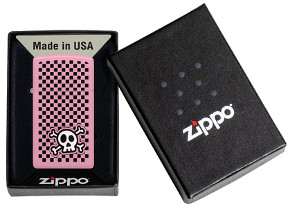 Zippo Slim Cute Emo Skull Checkered Design, Pink Matte Lighter #48680