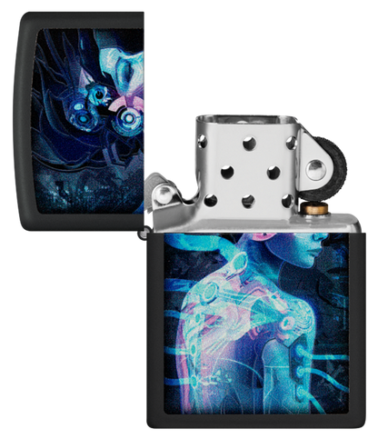 Zippo Cyberpunk Girl Black Light Design, Black Matte Lighter #48517