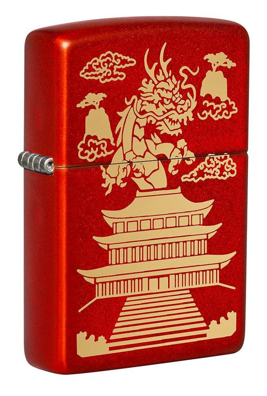 Zippo Japanese Dragon House Laser Engraved, Metallic Red Windproof Lighter #49517