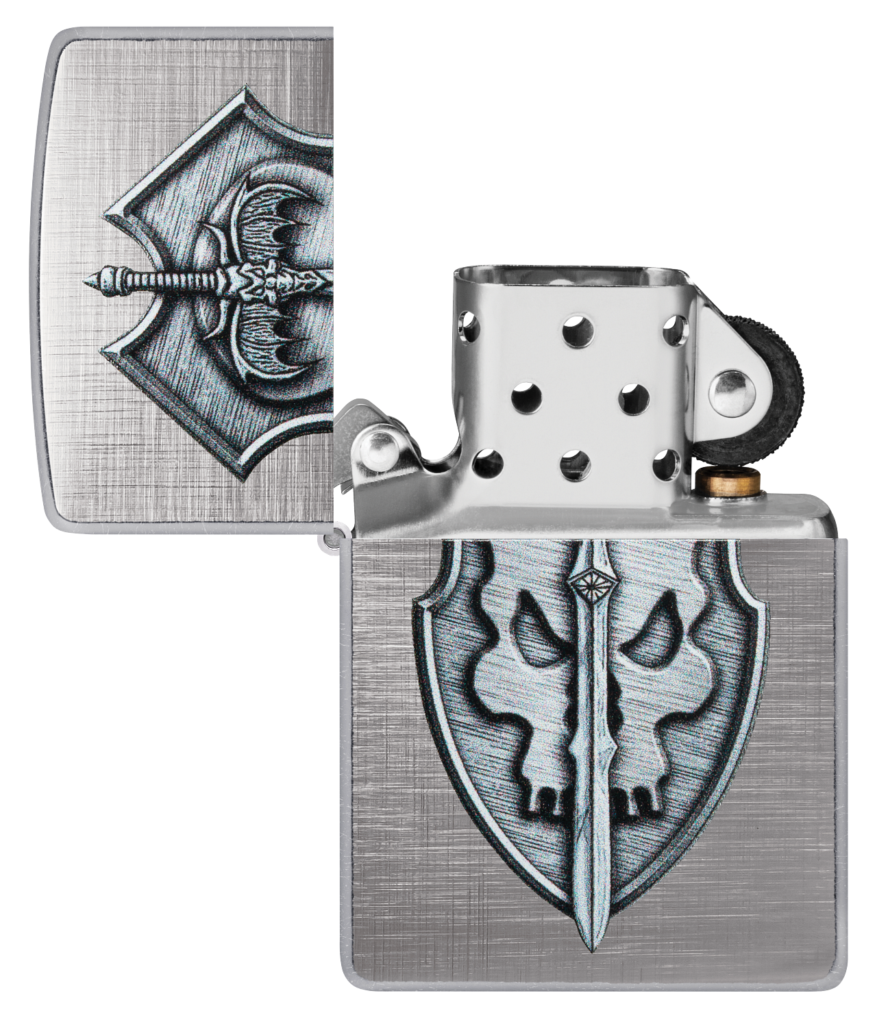 Zippo Medieval Sword and Shield Skull, Linen Weave Finish Lighter #48372