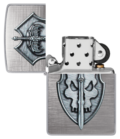 Zippo Medieval Sword and Shield Skull, Linen Weave Finish Lighter #48372