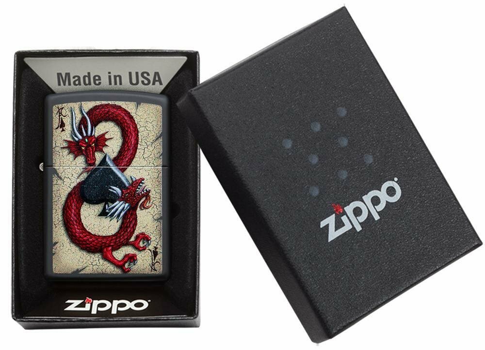 Zippo Ace of Spades Dragon, Black Matte Windproof Lighter Made in USA NEW #29840