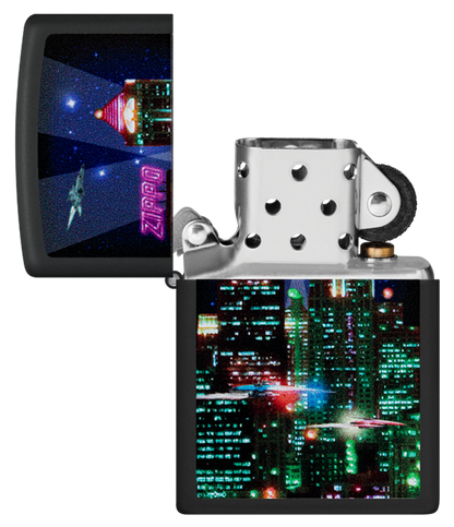 Zippo Cyberpunk City at Night Color Image Design, Black Matte Lighter #48506