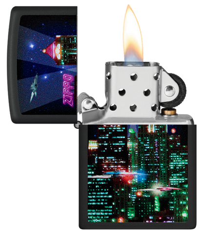 Zippo Cyberpunk City at Night Color Image Design, Black Matte Lighter #48506