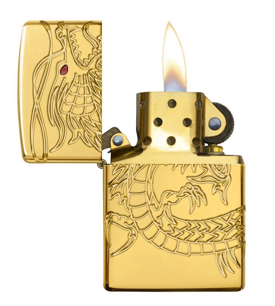 Zippo High Polish Gold Plate w/Epoxy Inlay, Asian Chinese Dragon Lighter #29265