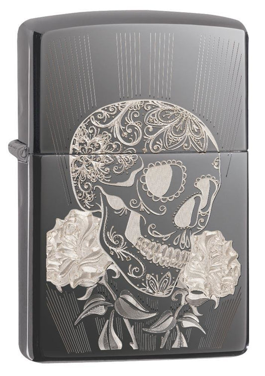 Zippo Fancy Skull, Laser Engraved Skull with Flowers, Windproof Lighter #29883