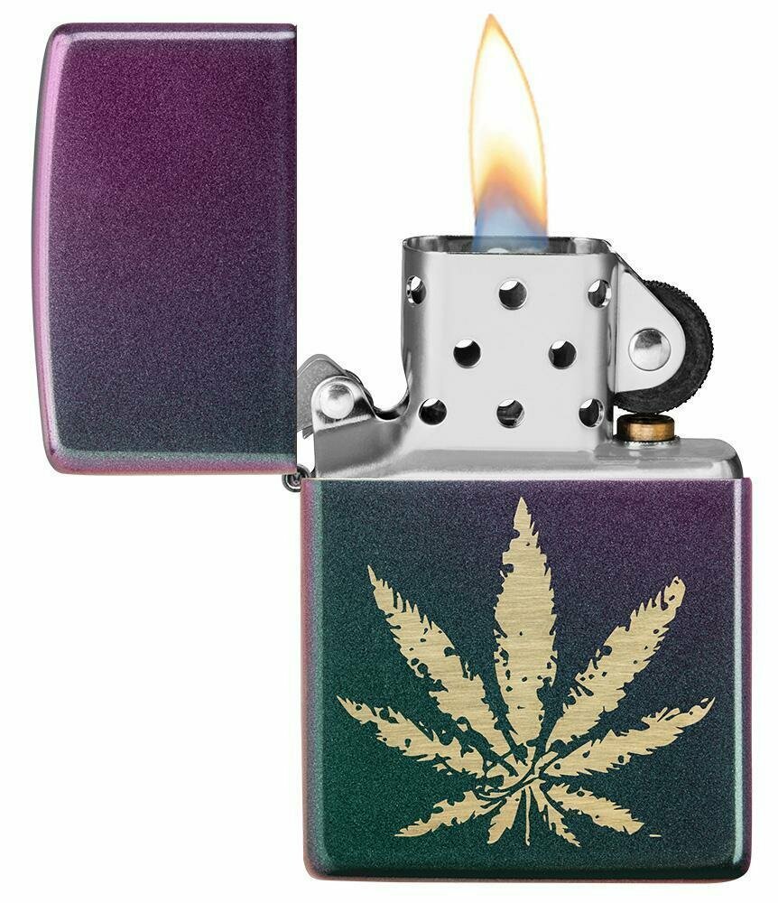 Zippo Brass Marijuana Leaf on Iridescent Violet Satin, Pocket Lighter #49185