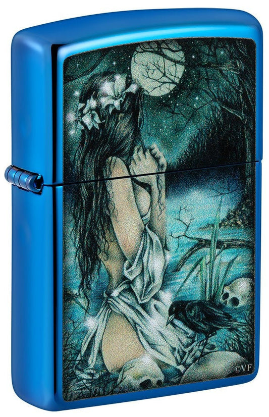 Zippo Victoria Frances Moonlight Girl Skull, High Polish Blue Windproof Lighter #49764