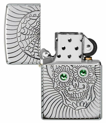 Zippo Armor Sugar Skull Deep Carved Design, High Polish Chrome Lighter #49172