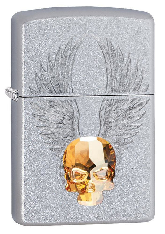 Zippo Gold Skull 3-D Crystal Emblem, Satin Chrome Finish, Genuine Lighter #49034