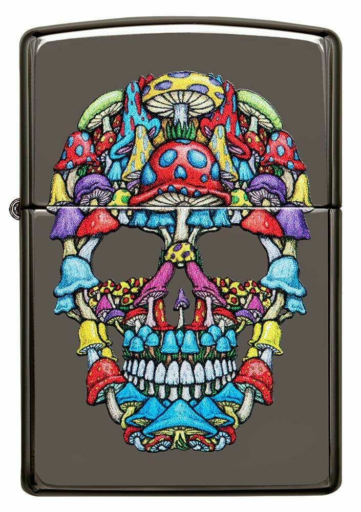 Zippo Psychedelic Skull Mushroom, Black Ice Finish Genuine Pocket Lighter #49135