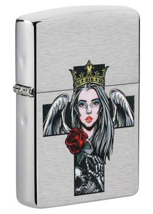 Zippo Cross Queen and Skull Design, Brushed Chrome, Windproof Lighter #49262