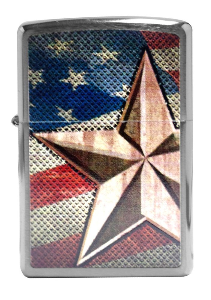 Zippo Retro Star and Flag Lighter, Brushed Chrome, Windproof #28653