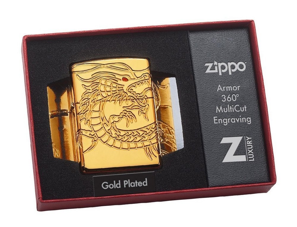 Zippo High Polish Gold Plate w/Epoxy Inlay, Asian Chinese Dragon Lighter #29265