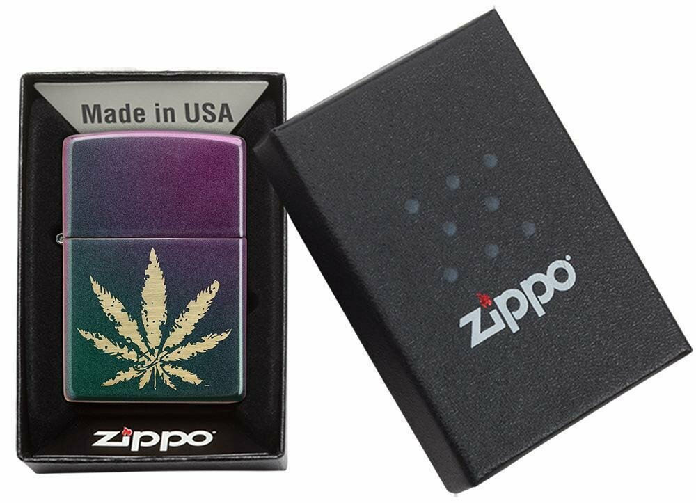 Zippo Brass Marijuana Leaf on Iridescent Violet Satin, Pocket Lighter #49185