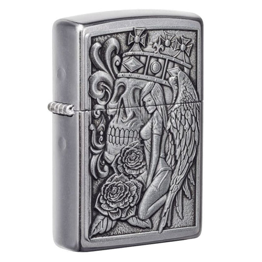 Zippo Skull and Angel Emblem, Street Chrome Finish, Windproof Lighter #49442