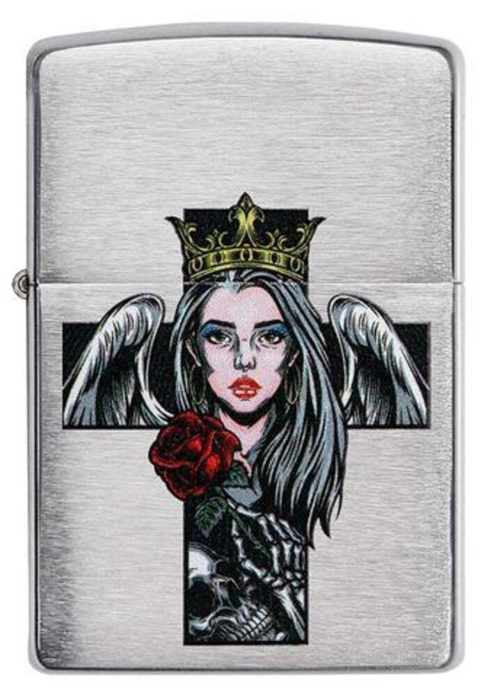 Zippo Cross Queen and Skull Design, Brushed Chrome, Windproof Lighter #49262