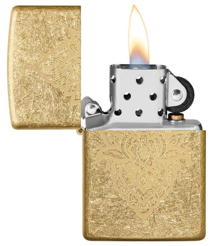 Zippo Henna Tattoo Laser Engraved, Tumbled Brass Finish Windproof Lighter #49798