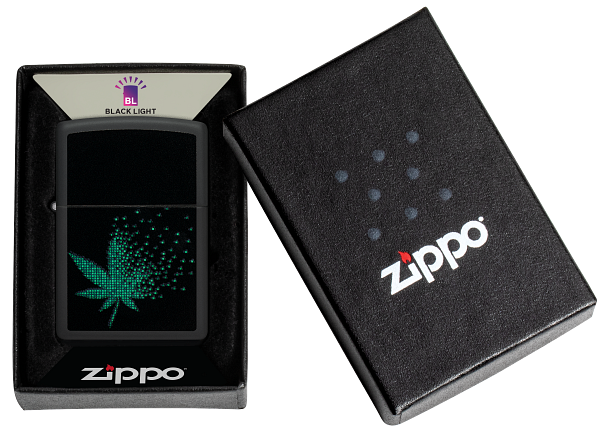 Zippo Cannabis Leaf Fading Away Black Light Design, Black Matte Lighter #48677