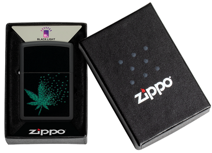 Zippo Cannabis Leaf Fading Away Black Light Design, Black Matte Lighter #48677