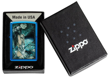 Zippo Victoria Frances Moonlight Girl Skull, High Polish Blue Windproof Lighter #49764