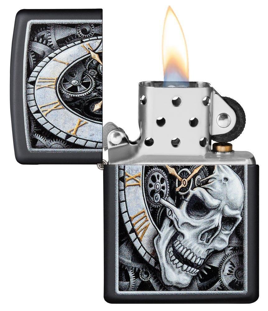 Zippo Skull Clock, Black Matte Finish, Genuine Windproof Lighter #29854