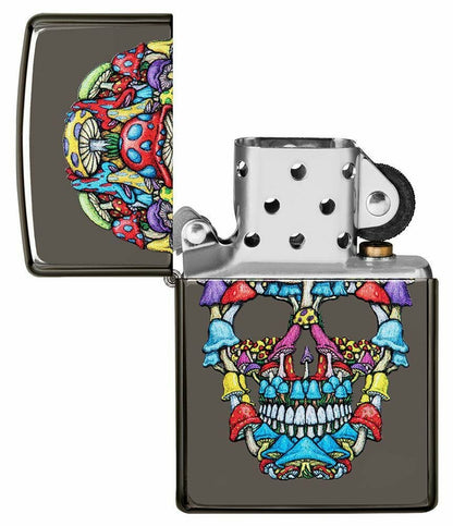 Zippo Psychedelic Skull Mushroom, Black Ice Finish Genuine Pocket Lighter #49135