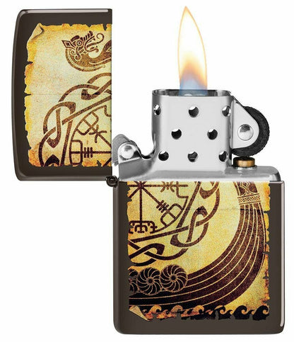 Zippo Viking Warship Design, Brown Genuine Windproof Pocket Lighter, USA #49182