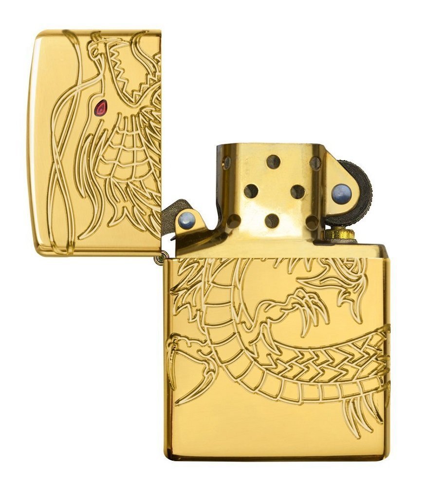 Zippo High Polish Gold Plate w/Epoxy Inlay, Asian Chinese Dragon Lighter #29265