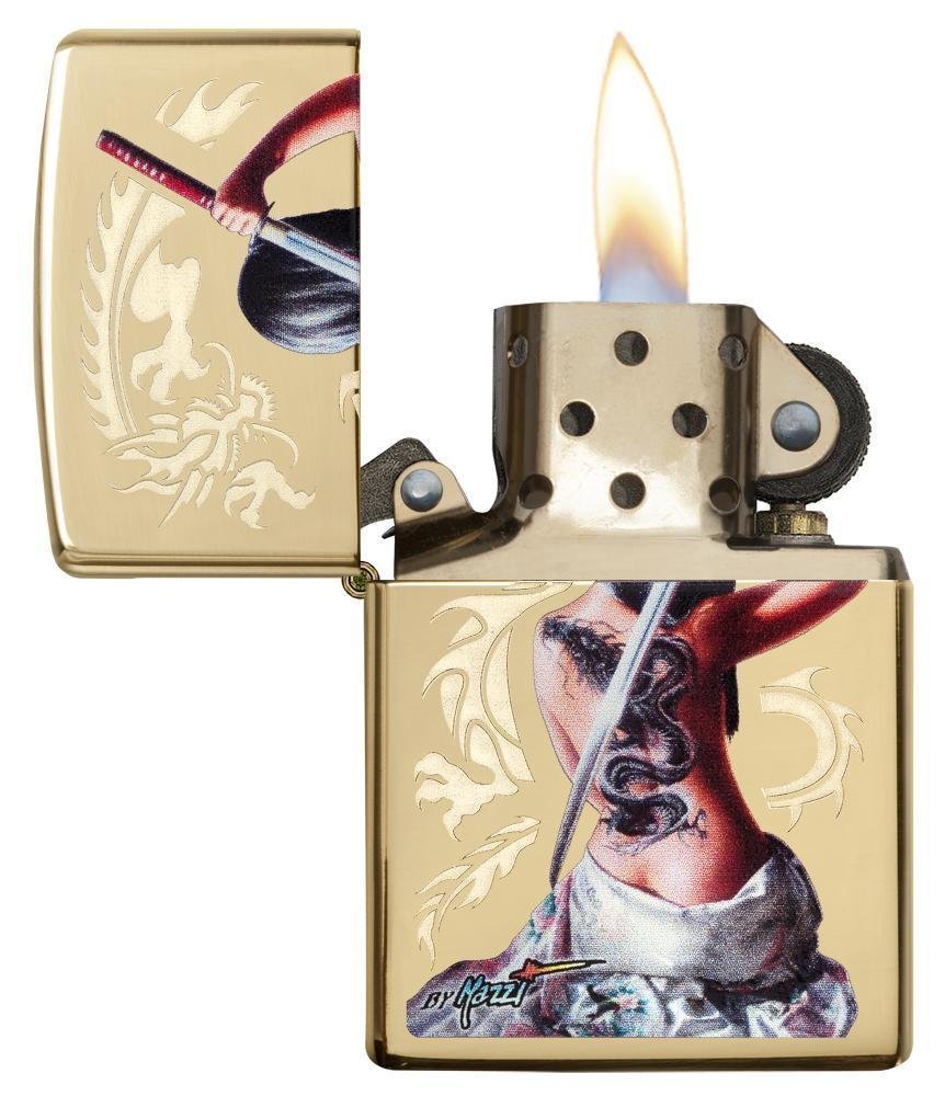 Zippo Mazzi Girl With Dragon Tattoo Samurai Lighter, High Polish Brass #29668