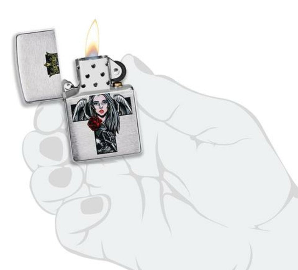 Zippo Cross Queen and Skull Design, Brushed Chrome, Windproof Lighter #49262