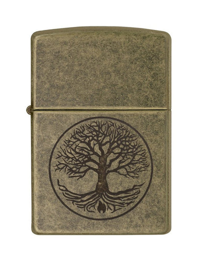 Zippo Tree of Life Lighter, Antique Brass Zippo Flame #29149