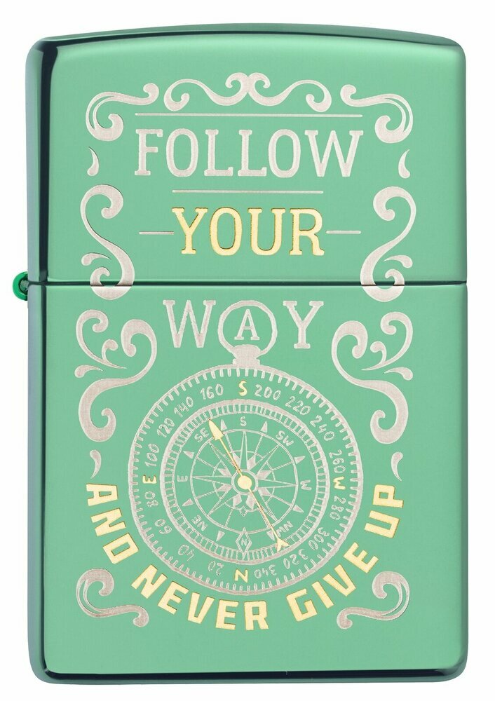 Zippo Follow Your Way Never Give Up Compass, High Polish Green Lighter #49161