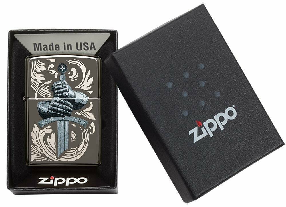 Zippo Medieval Knights Glove and Sword, Black Ice Finish Pocket Lighter #49127