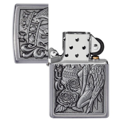 Zippo Skull and Angel Emblem, Street Chrome Finish, Windproof Lighter #49442