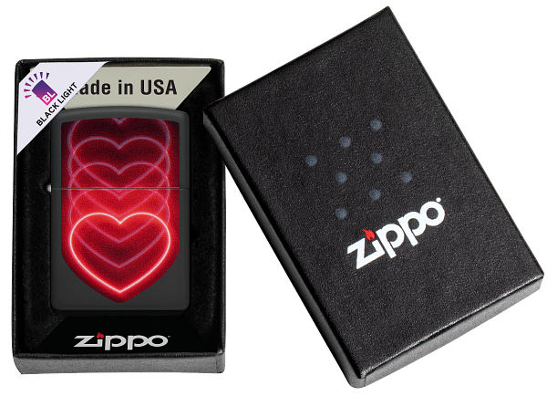 Zippo Pulsing Heart Black Light Design, Black Matte Lighter #48593