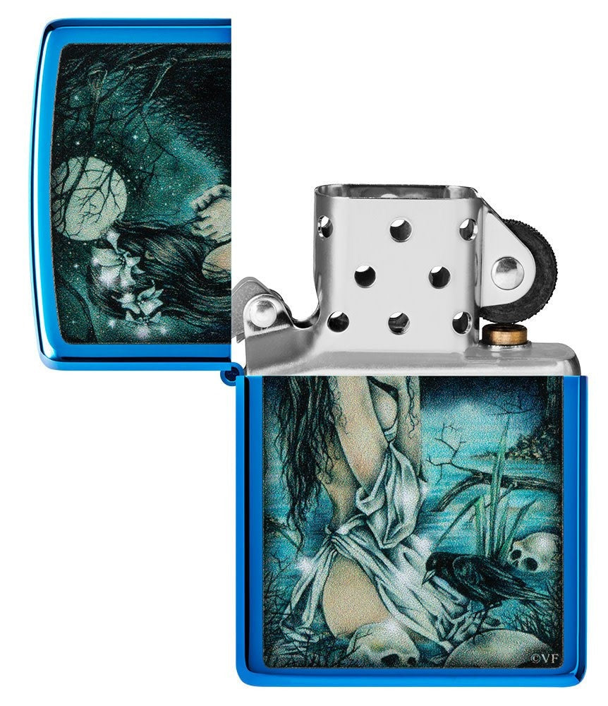 Zippo Victoria Frances Moonlight Girl Skull, High Polish Blue Windproof Lighter #49764